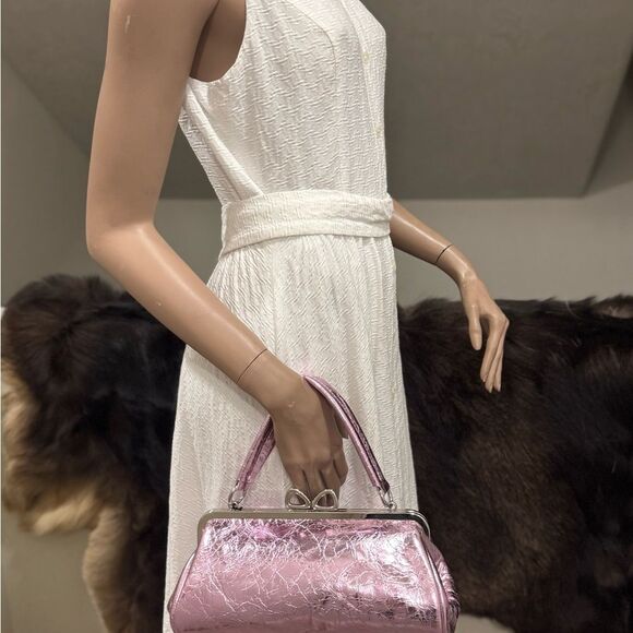 Metallic Pink Leather Handmade "Bow" Kisslock Baguette Bag, Multi Use Style - Picture 11 of 16